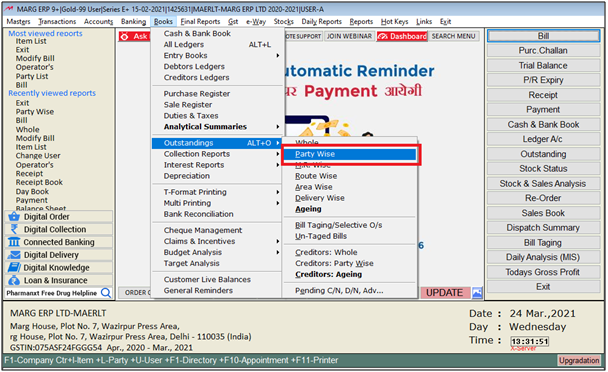 How to view Party company wise outstanding Report in Marg Software?